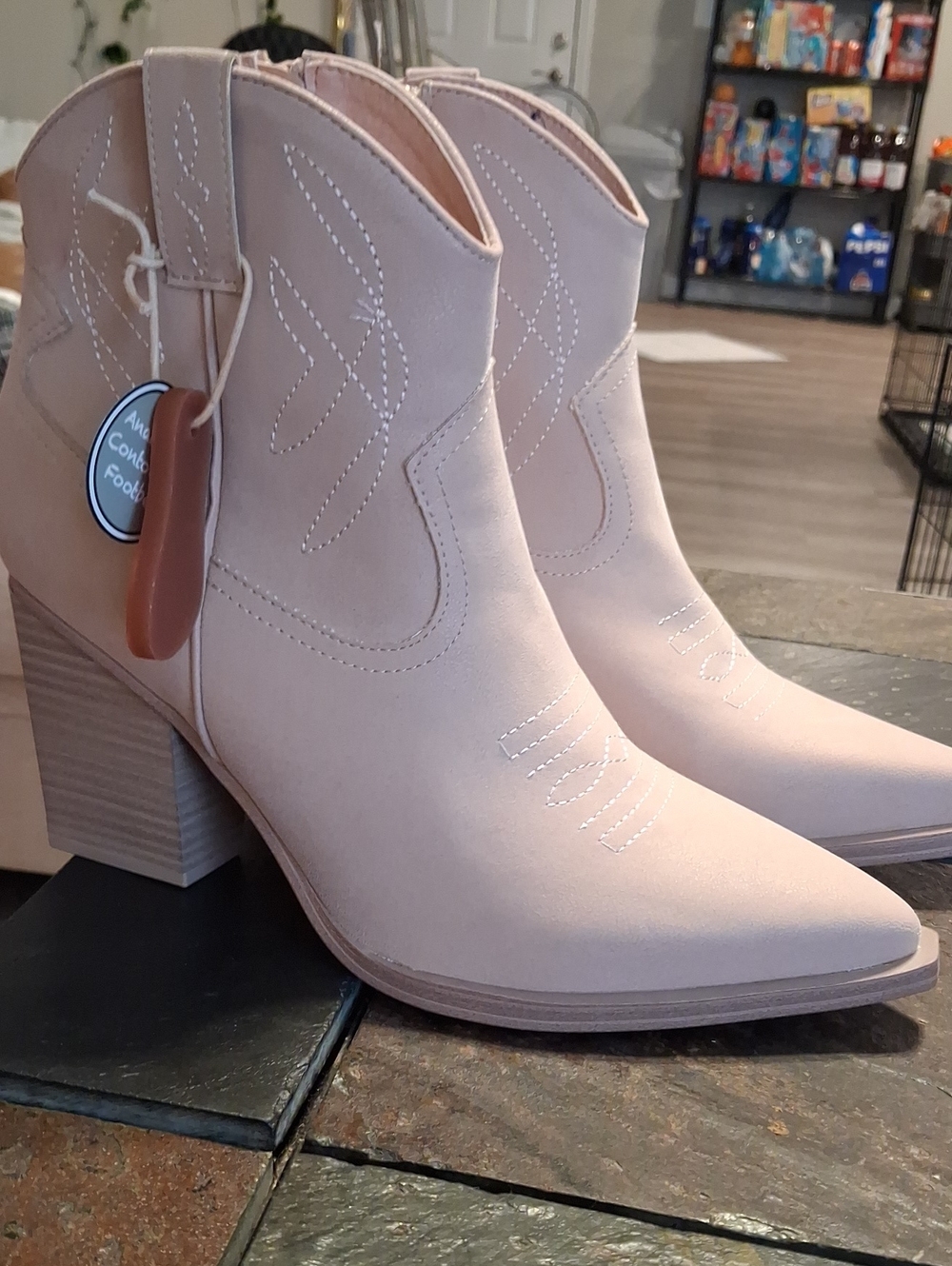 MIA Blush Pink Western Ankle Booties with Stacked Block Heel